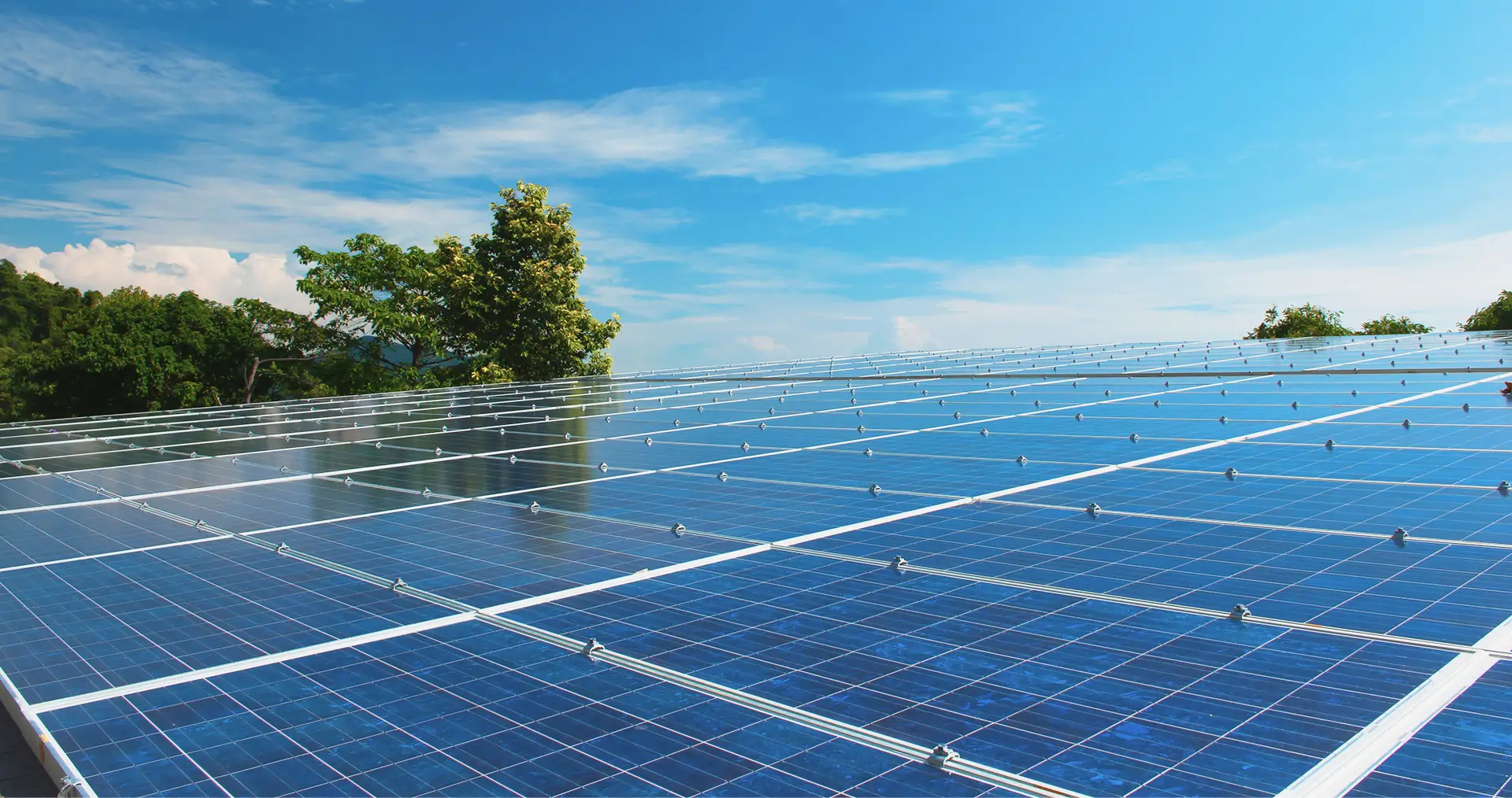 Solar panels in a green landscape supporting clean, responsible energy